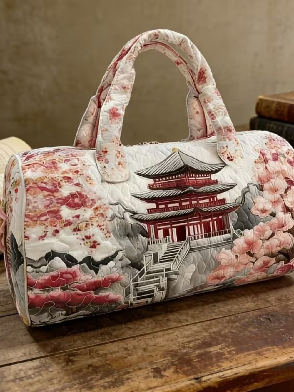 Cherry Blossom Pagoda Duffel Bag Soft Weekender Travel Gym Carryall Bag 16x8" - Picture 3 of 6